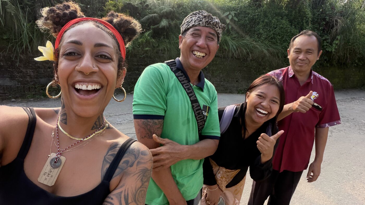 Ashleigh Bing laughing with friends in Korea